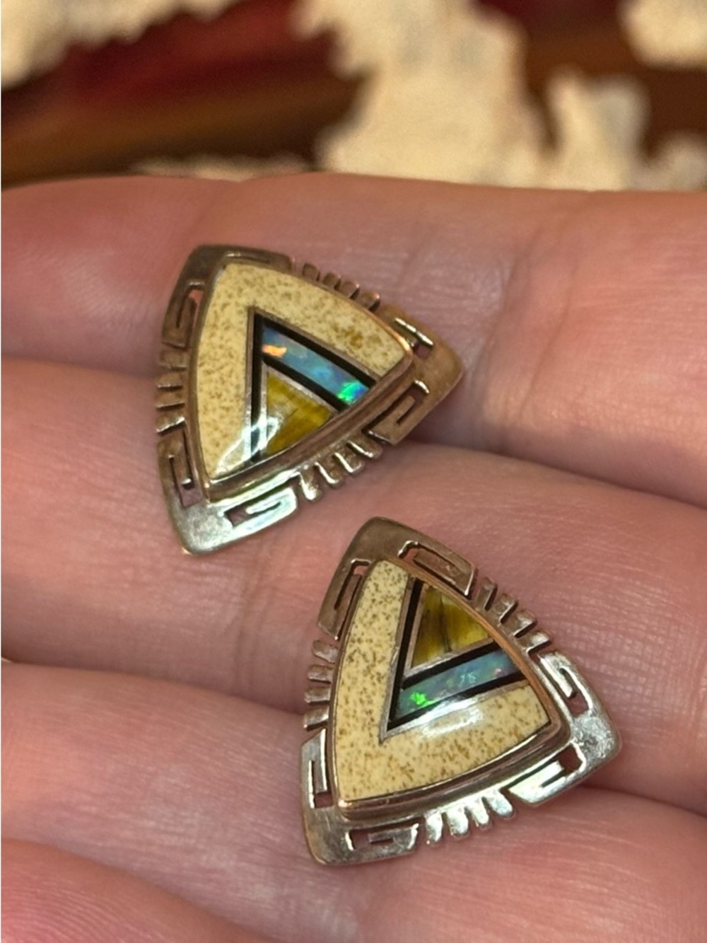 Native American Sterling VTG Inlay Earrings - Picture 7 of 16